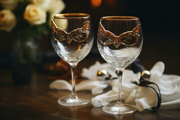 Two decorated wine glasses on a table with a romantic setting