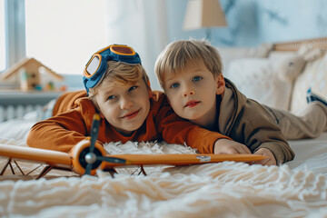 Two boys in the form of an aircraft pilot and traveler playing in her room
