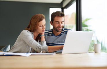Home, couple and laptop for finance, income and planning for budget, accounting or research for...