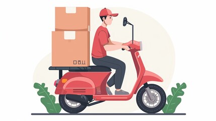 courier delivery guy on scooter delivering online orders, box digital illustration, isolated on white background