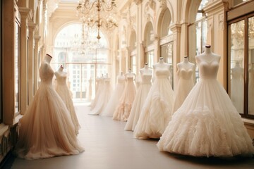 Luxurious wedding dresses on mannequins in a chic bridal shop with stunning architecture