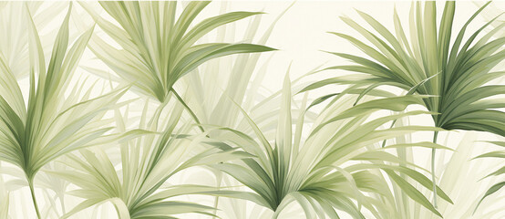A seamless pattern of light green palm leaves, their delicate silhouettes blending seamlessly with the background in soft shades of cream and beige.