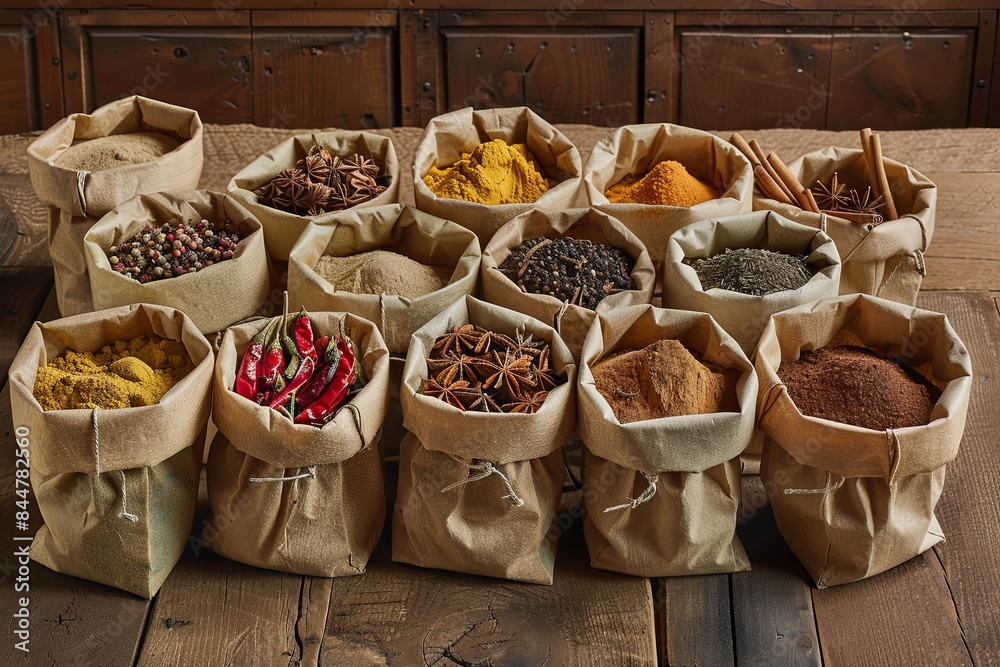 Poster a rustic wooden table with an array of various spices in paper bags, including turmeric, paprika, an