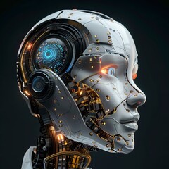 Fototapeta premium Artificial intelligence in humanoid head with neural network thinks, brain drawing