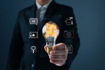 person hand holding power lightbulb and pretend to think, inspiration, creativity and imagination concept, innovation technology success business. Digital transformation. Ai technology.