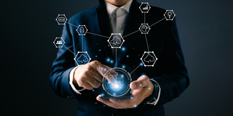 man holding icon cloud computing diagram show on hand. data center storage.cloud tech.secure backup and consistency network and internet service concept.implementing storage technology in business