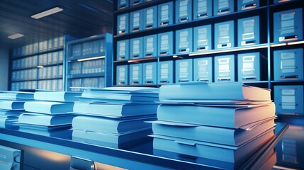 Document archive close-up, archive room, realistic style, bright, technology, modern office.