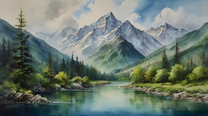 Fototapeta premium Mountain lake landscape illustration with reflection