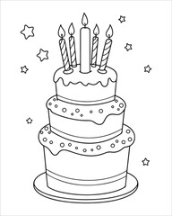 Birthday Cake Vector for coloring book, Birthday Cake Coloring Pages, cake illustration
