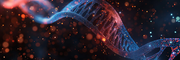 Abstract futuristic DNA structure with glowing particles on dark background, digital rendering of double helix in blue and red colors