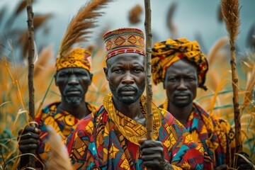three men in traditional clothing stand in a field