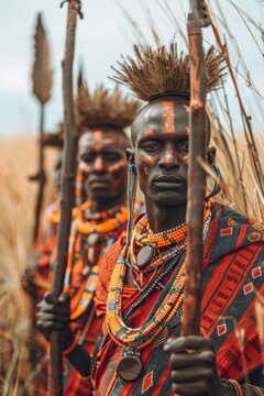 african tribesmen with spears and headdresses