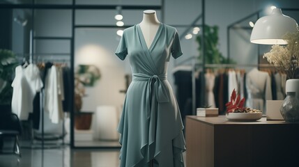Elegant designer dress on mannequin in office space.