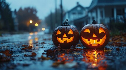 Halloween Night with Carved Pumpkins on Wet Street, Glowing Jack-o'-Lanterns, Autumn Leaves, and Spooky Atmosphere in a Residential Neighborhood