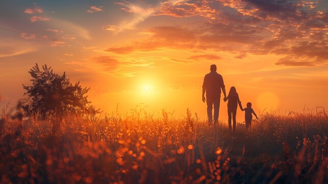 World Parents Day. Family day concept. Silhouettes father and son holding hand in hand on meadow autumn sunset background