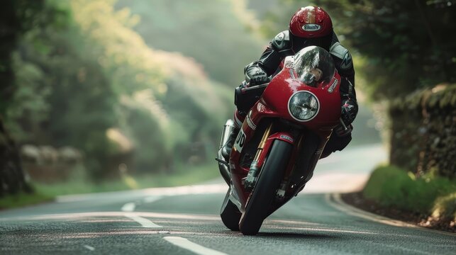 A man on a green motorcycle is racing down a road
