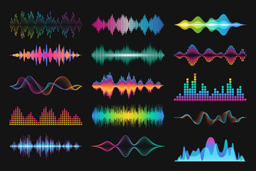 A set of colorful abstract audio visualizations on a black background. Various types of sound waves and equalizers in vibrant tones. Suitable for use in music projects, podcasts and other multimedia