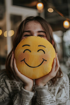 Woman holding a smiling face emoticon
