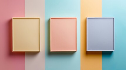 Fototapeta premium Three square pieces of paper with different colors on a blue background