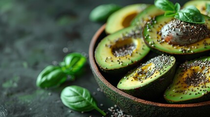 Close-Up View of Fresh Organic Avocado Halves and Chia Seeds on a White Background, Highlighting Their Nutritional Benefits and Culinary Uses for Health-Conscious Diets