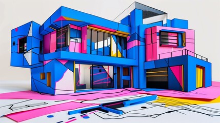 Colorful abstract house house up many different shapes colors looks like drawn with crayons house sitting on white table papers markers next to, happiness excitement marker