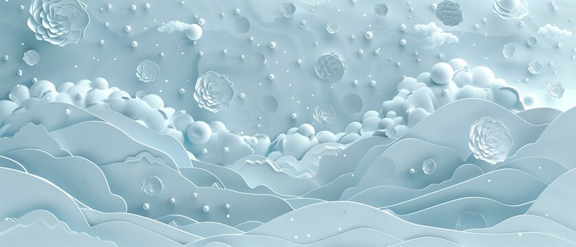 Winter landscape with rolling hills snow-covered trees done in blue white color scheme peaceful serene feel to, frosty snow