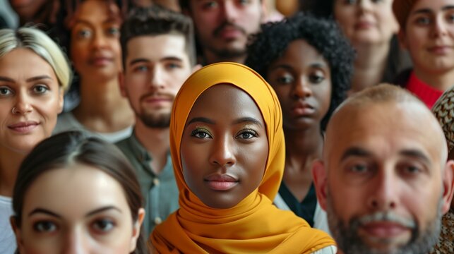 Group people different ethnicities races looking at camera idea behind to show diversity human race, acceptance non-discrimination inclusion anti-racism