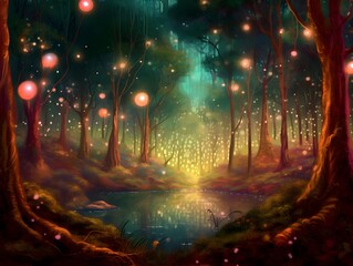 Fantasy landscape with forest and river in the night. 3d illustration