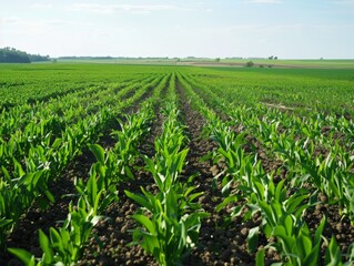 Naklejka premium Serene Green Pea Fields Under a Crystal Clear Sky