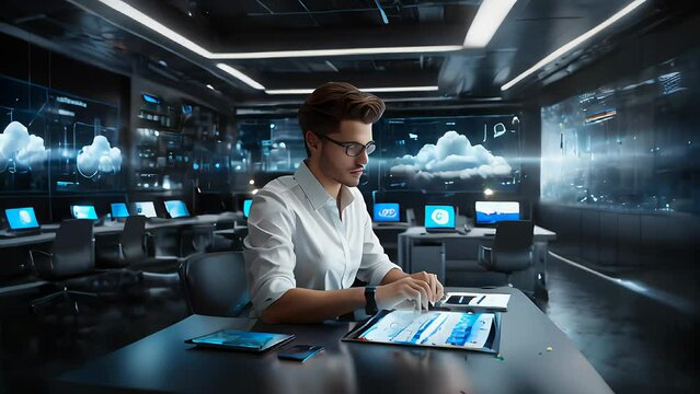futuristic workspace where professionals use cloud computing tools. The scene should highlight seamless integration of digital systems with people collaborating on tablets and virtual interfaces.