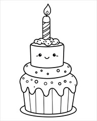 Birthday Cake Vector for coloring book, Birthday Cake Coloring Pages, cake illustration