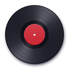 Realistic illustration of vintage vinyl record with red label and shadow isolated on white. Vector template. Music icon