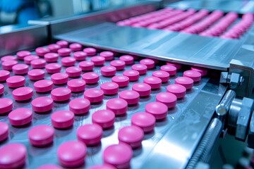 Obraz premium Macro Shot of Pink Pills During Production and Packing Process on Modern Pharmaceutical Factory 