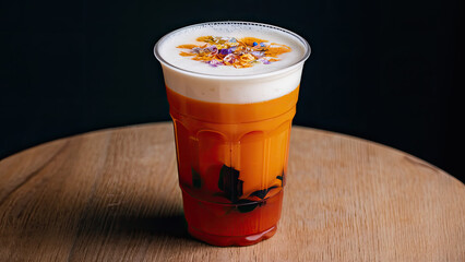 Thai tea, tall, plastic glass, no cover