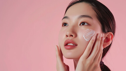 Asian young beautiful woman smiling and touching her face, isolated over a white background. natural makeup, SPA therapy, skincare, cosmetology, and plastic surgery concepts.with free copy space