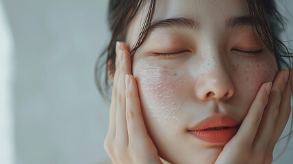 Asian young beautiful woman smiling and touching her face, isolated over a white background. natural makeup, SPA therapy, skincare, cosmetology, and plastic surgery concepts.with free copy space