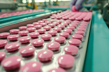 Obraz premium Macro Shot of Pink Pills During Production and Packing Process on Modern Pharmaceutical Factory 