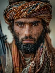 Obraz premium a man with a beard and turban holding a gun