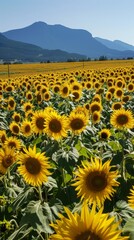 Fototapeta premium Serene Landscape of Endless Sunflower Fields with Majestic Mountains in the Background