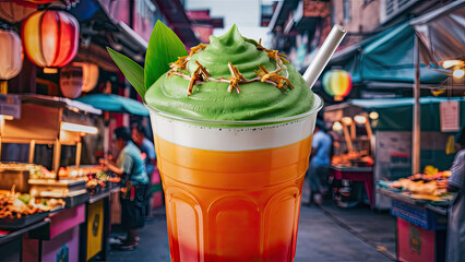 Thai tea, tall, plastic glass, no cover