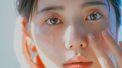 Asian young beautiful woman smiling and touching her face, isolated over a white background. natural makeup, SPA therapy, skincare, cosmetology, and plastic surgery concepts.with free copy space