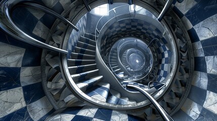 old black and white checkerboard pattern within a spiral staircase, an architectural marvel of geometric optical illusion