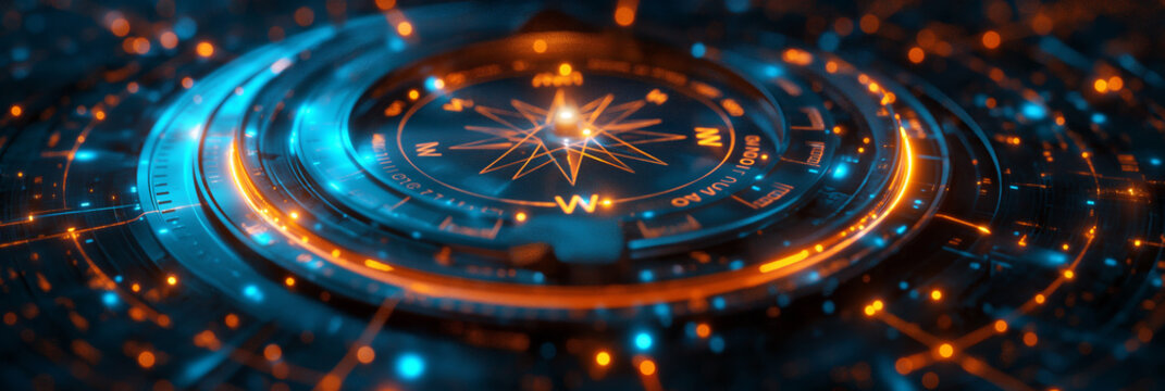 A futuristic digital compass with a holographic display, surrounded by glowing data streams and circuit patterns