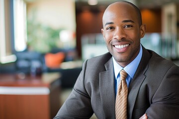 Confident Professional Banker Smiling in Modern Office Setting
