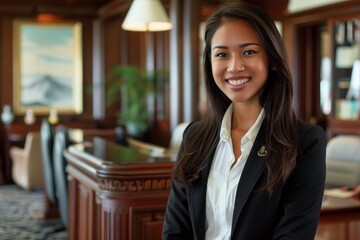 Fototapeta premium Confident Banking Professional Smiling at Camera in Modern Office Setting