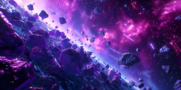 Neon space scene. Asteroid space background, cosmos game meteorite. Video game retro asteroid field