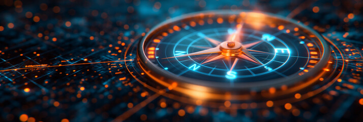 A futuristic digital compass with holographic elements, surrounded by glowing lines and data points symbolizing advanced technology and precision in global travel