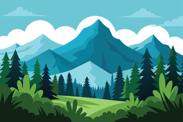 Beautiful landscape of coniferous forest with plants and shrubs. A magnificent forest clearing against the backdrop of stunning mountains vector illustration