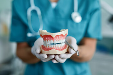 The dentist is holding dentures in his hands. Dental prosthesis in the hands of the doctor close-up. Front view of complete denture
