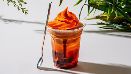 Thai tea, tall, plastic glass, no cover